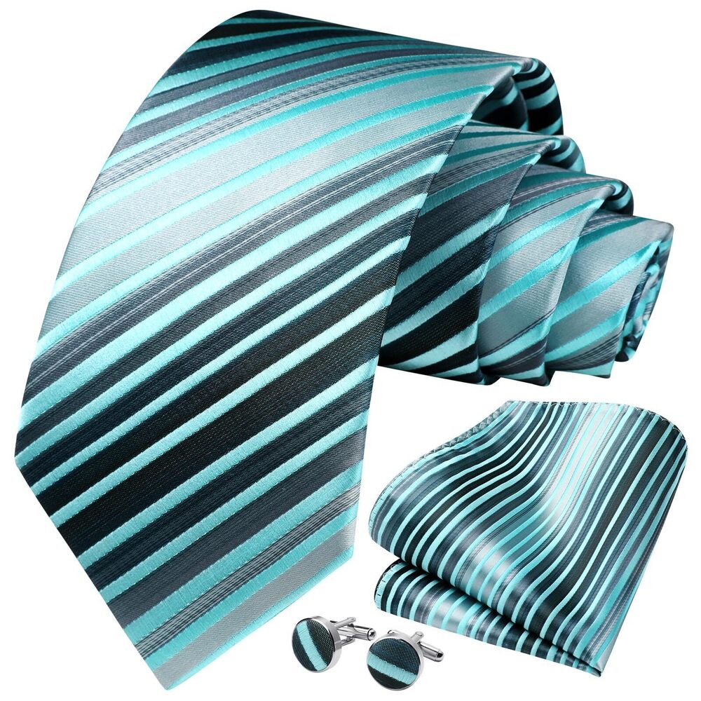 1716 Stripe Tie Set with Pocket Square Cufflinks Solid Teal Formal Classic